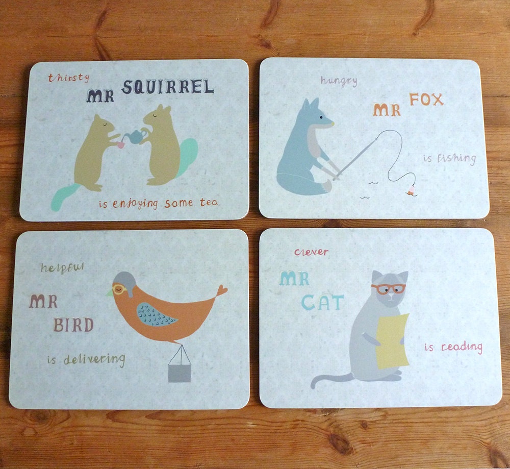 Animal Character Table Placemats Set of Four