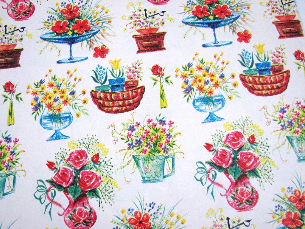 Vintage All Occasion Flowers in Vases and Pots Gift Wrap, Wrapping Paper... 2 Full Sheets