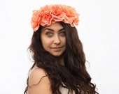 Peach Flower Crown - Large Coral Peach Ruffled Rose Flower Crown, Rose Crown, Rose Headdress, Flower Headdress, Apricot, Hair Wreath