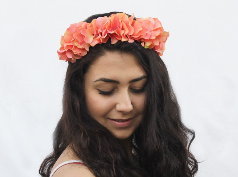 Spring Peach Flower Crown, Floral Headband, Ruffly Coral Peach Flower Hair Wreath, Spring Fashion Trend, Accessory, Melon, Coachella