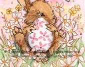ACEO- "Easter Bunny & Pink Daisies". whimsical Easter Bunny and nature art