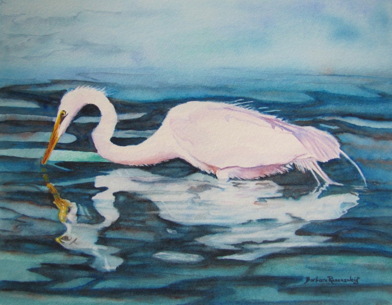 White Egret Reflections Beach Bird Painting, Shore Wildlife Heron Art Print Original Watercolor, Ocean, Barbara Rosenzweig, Tropical Exotic