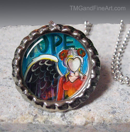 Bottle Cap Hope Angel silver pendant