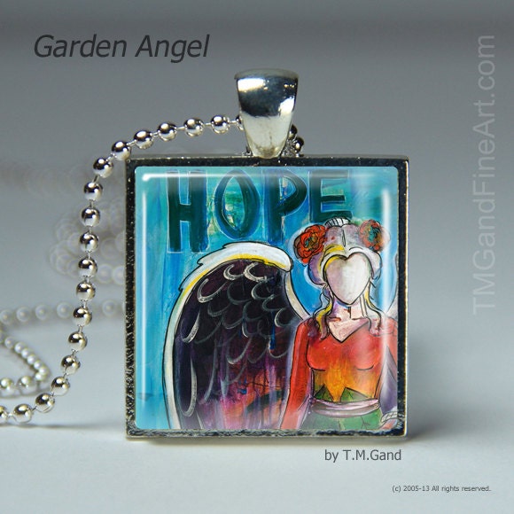 Silver plated, glass, archival mini giclee hope Angel pendant necklace