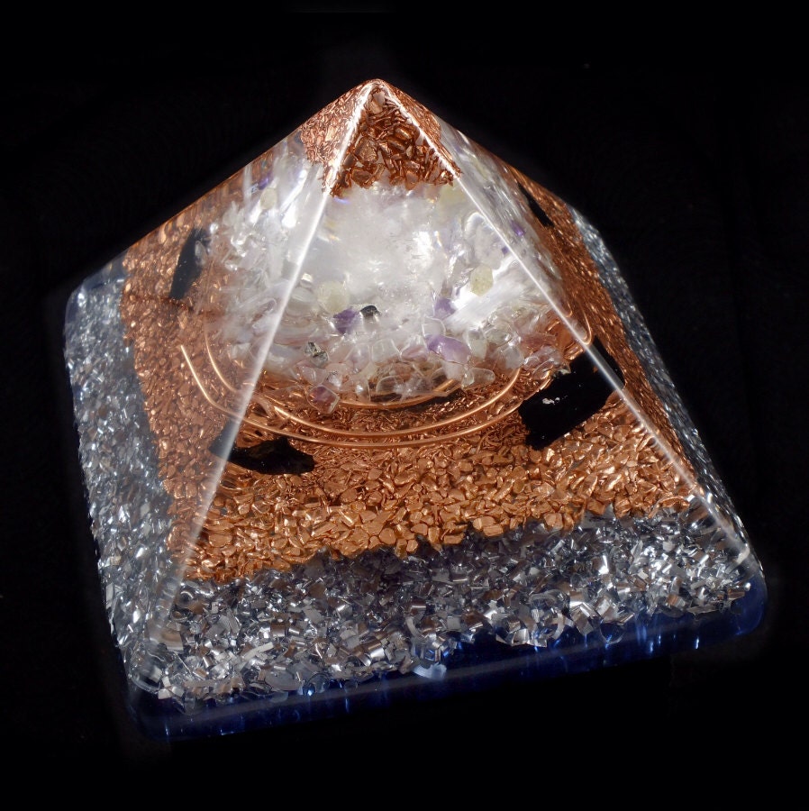 Orgone Energy Generator Pryamid. Arkansas & Tibetan Crystals, Fluorite, Phenacite, Amethyst, Selenite, Rhodizite, SBB Coil, Copper Nuggets.