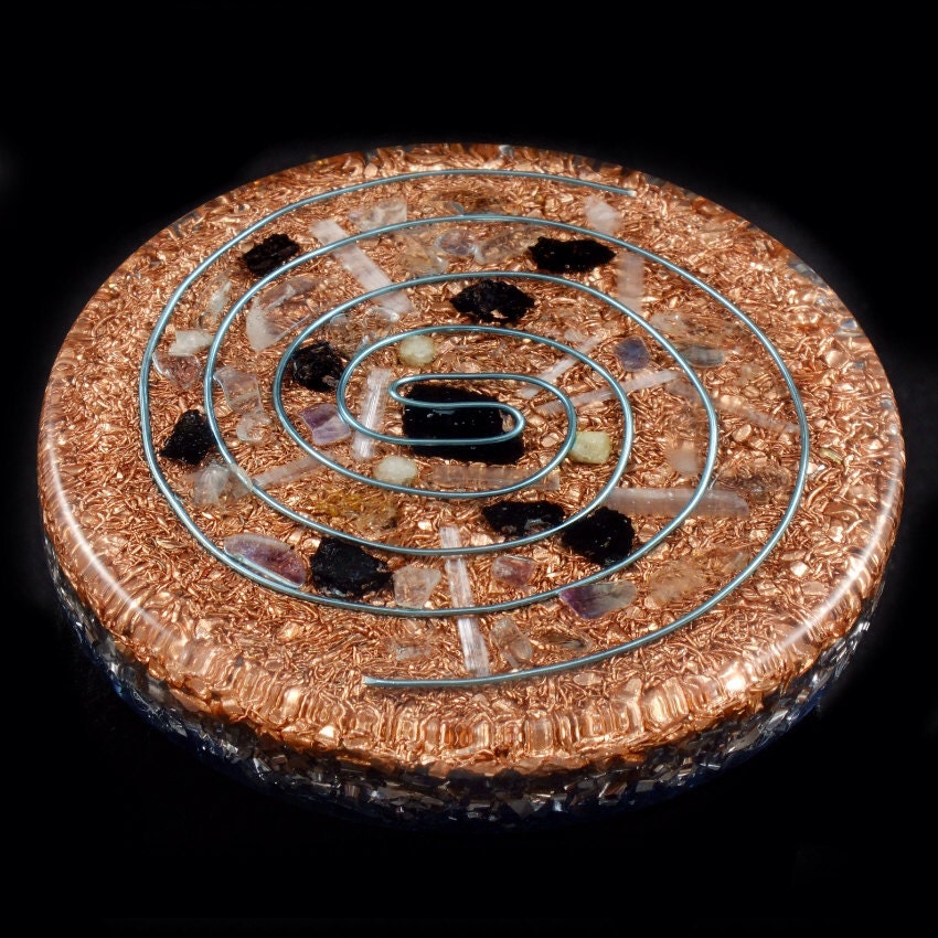 Orgone Energy Charging Plate Tibetan Crystals, Hematite,  Phenacite,  Selenite, Rhodizite, Tourmaline, SBB Coil, Copper (209)