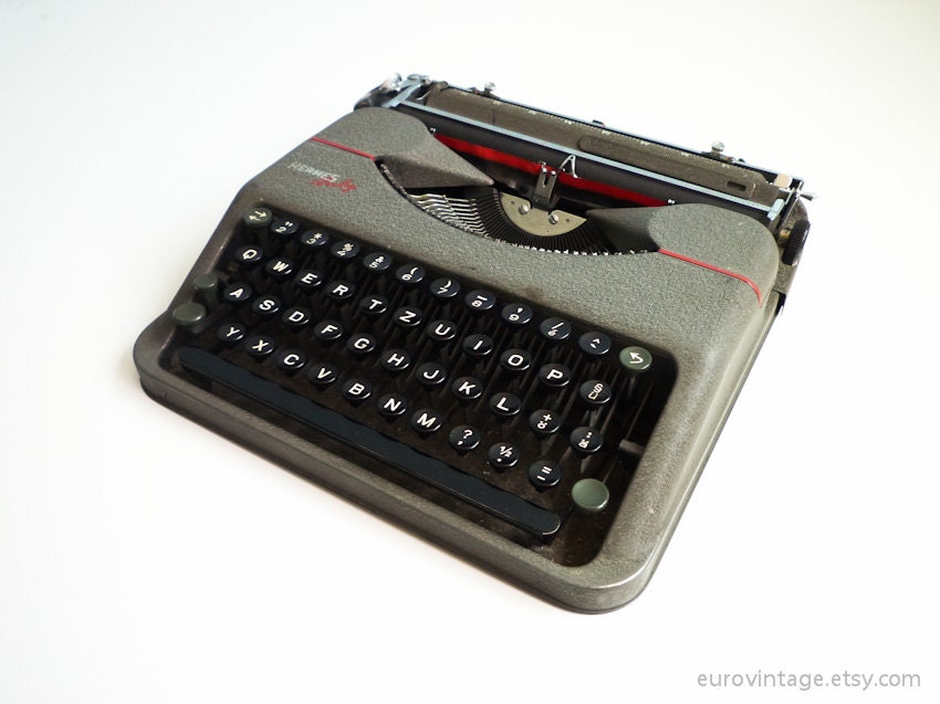 Vintage 50s Hermes Baby Typewriter Gray Red w case