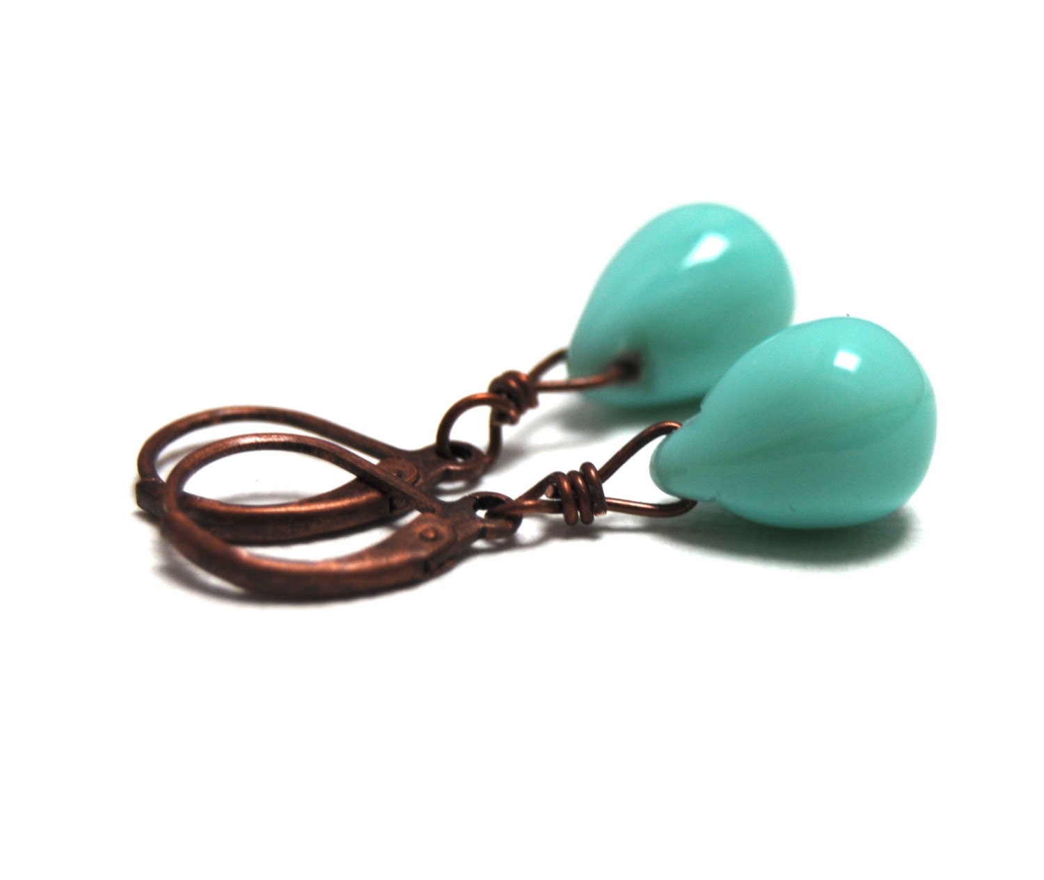 Earrings Aqua Teardrop Antique Copper tone  Dangle LoveandCherish