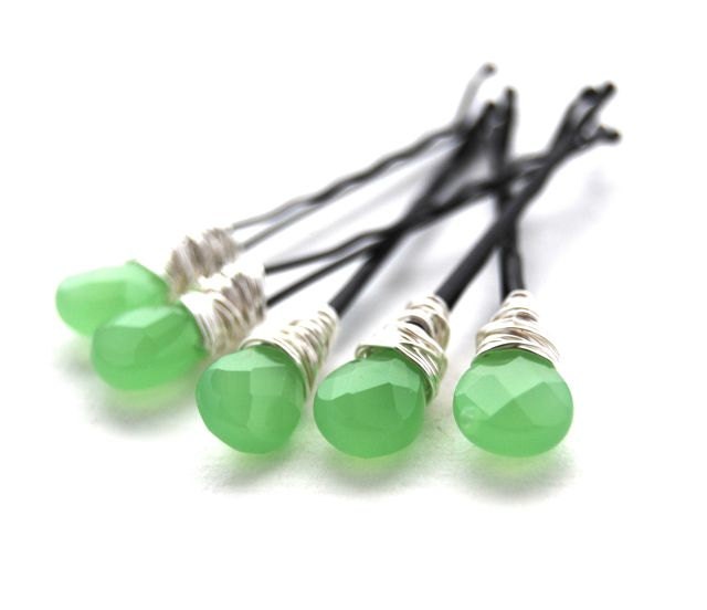 Bobby Pins Apple Green Quartz Wire Wrapped Modern Hair Fashion LoveandCherish