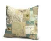 Throw pillow postcard letters postage stamp envelope airmail 16 x 16 blue cream beige lilac decorative  cushion cover