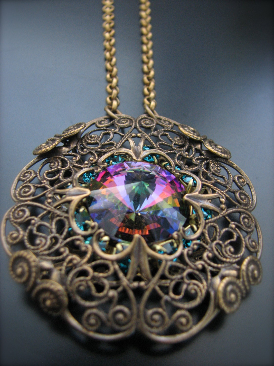 Austrian Crystal Rainbow Rivoli Rhinestones in Brass Vintage Filigree Large Pendant