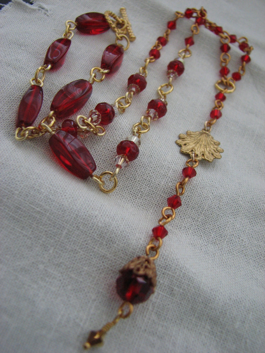 Red Rosary Beaded Clam Shell in Gold Tone Hand Wrapped Swarovski Crystals & Red Beads