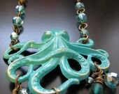 Octopus Under The Sea Turquoise Hand Painted Patina'd Rosary Chain Hand Wrapped Beads Blue