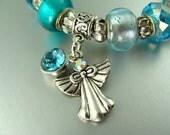 BLUE TOPAZ ANGEL December Birth Stone Stretch European bead Lampwork Charm Bracelet