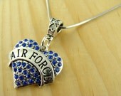 AIR FORCE RHINESTONE Heart Pendant on .925 Silver Chain Necklace
