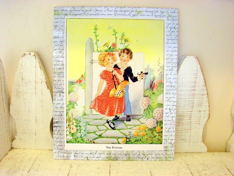 The Flowers - Boy and Girl in the Garden - Vintage Book Page - Ready to Frame Collage Art Wall Home Decor Nursery Kids
