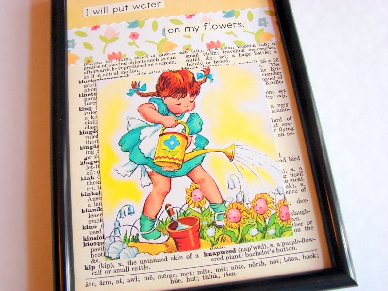 Kids Art Nursery Collage - I Will Put Water On My Flowers - Girl In The Garden With A Watering Can - Ready to Frame Wall Home Decor