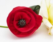 Red Satin Hair Flower, Hair Accessories for Women, Rose Clip with Black Glittery Vintage Button and Leaf