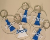 Quantity 6 Bridal gown, Bridesmaid Personalized acrylic keychain, 3" round bride or bridesmaid dress and name, with or without polka dots