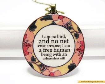 Jane Eyre "I am no bird" Inspirational Charlotte Bronte Literary Quote Necklace with Pink Floral Pattern and English Literature Quotation
