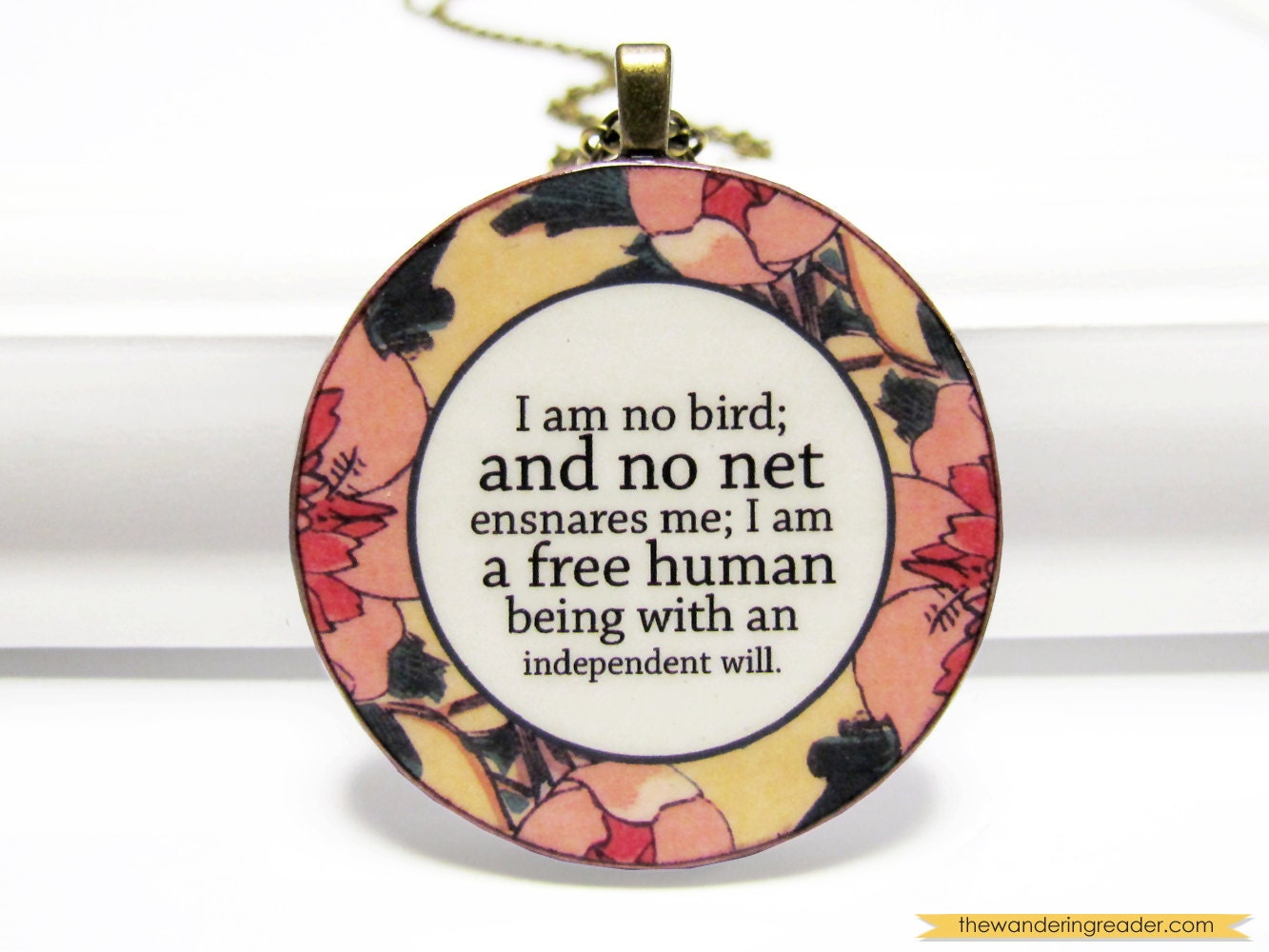 Jane Eyre "I am no bird" Inspirational Charlotte Bronte Literary Quote Necklace with Pink Floral Pattern and English Literature Quotation
