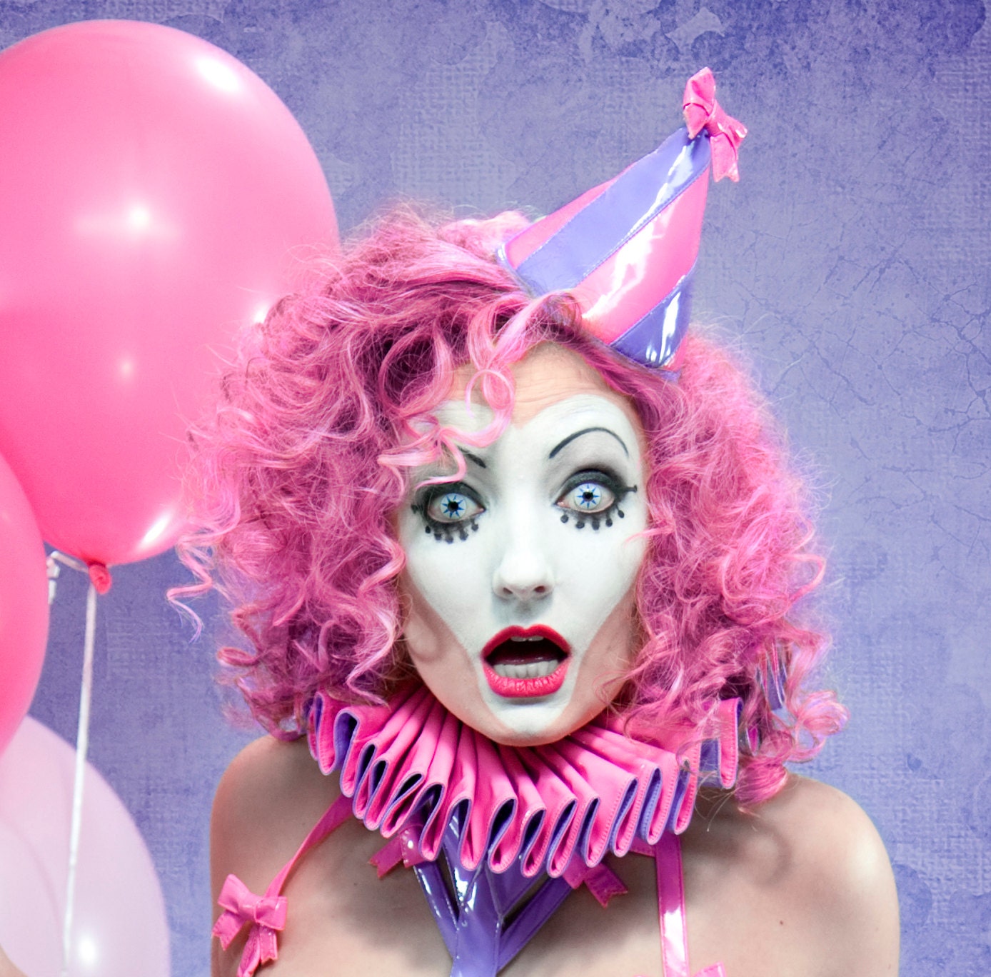 One of a kind pink/lilac striped PVC party hat from Artifice Clothing (photoshoot sample)
