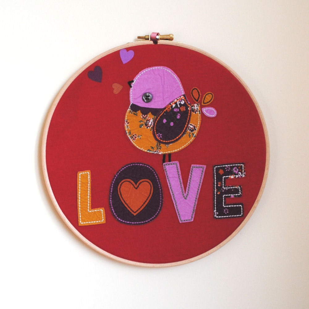 Red Love Bird Applique Embroidery Hoop Wall Art - Wooden Hoops with Fabric - Nursery Decor, Wedding Gift