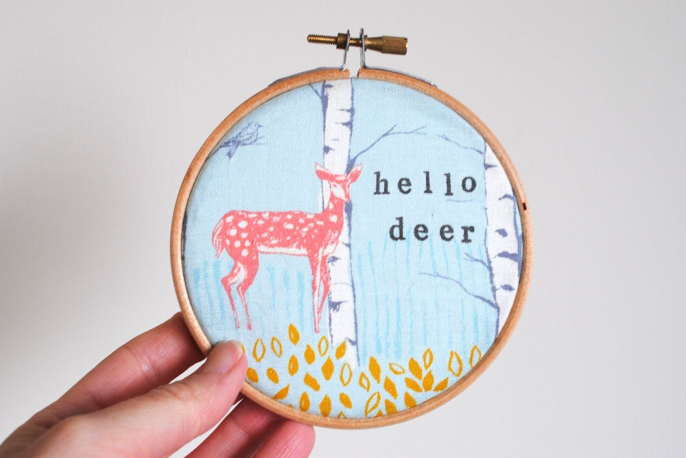 Hello Deer Embroidery Hoop Wall Art - Wooden Hoops with Light Blue Fabric and Woodland Fawn