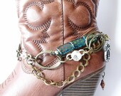 Shabby Chic and girly BOOT JEWELRY for wearing as dressy formal wear for your boots with green peacock beads and Antique Bronze