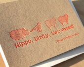 letterpress birthday card in neon orange Hippo Birdy Two Ewes - Happy birthday to you, quirky fun animal card. Kraft card & cream envelope