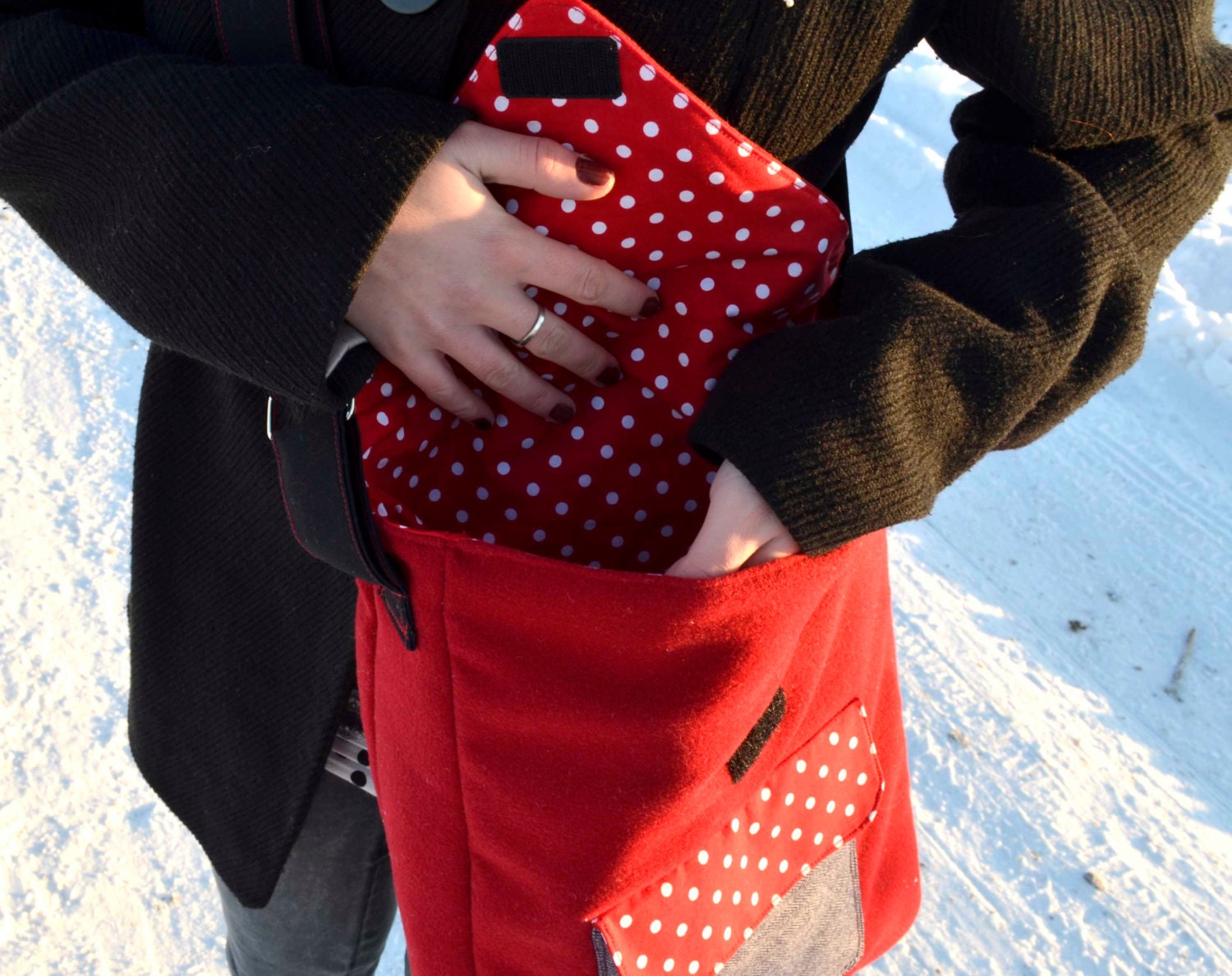Red Fox laptop case / messenger bag- soft dark red fabric and polka dots-13, 14, 15 inch - made to order