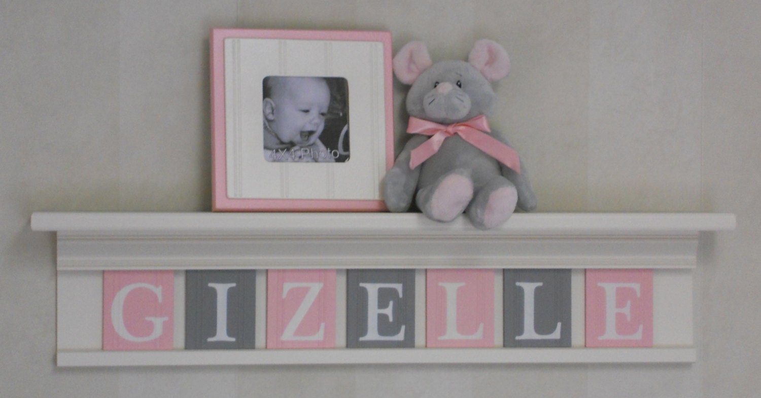 Pink and Gray Nursery Girl Wall Decor 30" Linen White Shelf - Sign with 7 Wood Letters Custom for GIZELLE
