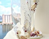 Beach wedding champagne glasses, Dolphin Coral Seashells wedding toasting flutes, barefoot wedding