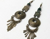 Vintage boho tribal chinese brass coin and jade dangle earrings