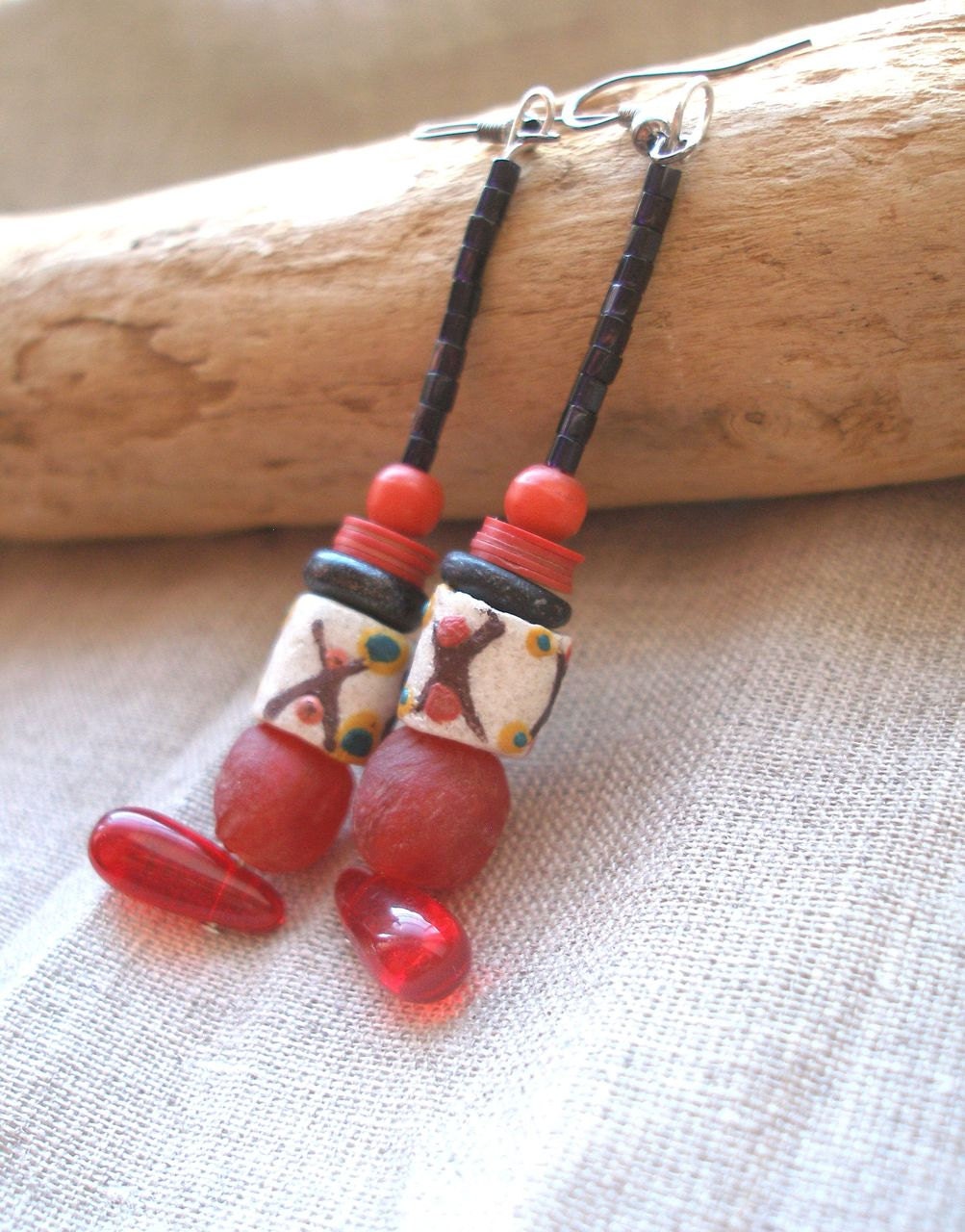 VOVOVI African red mali wedding recycled glass krobo black wood earrings by Fianaturals