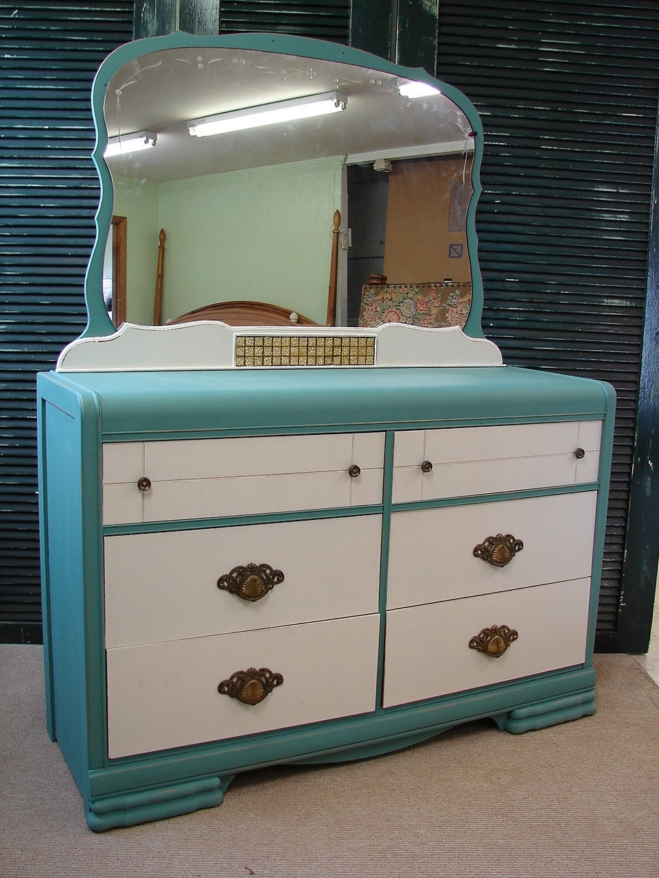 Vintage Art Deco Retro Waterfall Robin Egg Blue and White Painted Dressser Chest of Drawers w Mirror (HAI) Call for SHIP QUOTE.