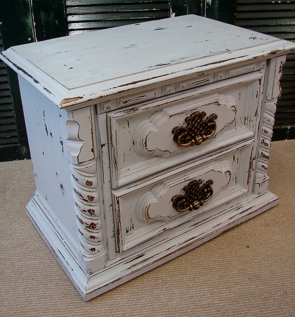 Antique Primitive Country Heavy Distressed Chippy White Milk Painted Nightstand Side Accent Table (MLD) Ships FedEx