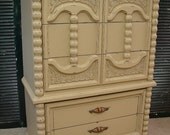 Antique Primitive Country Heavy Distressed Butter Cream Painted Chippy Shabby Cottage Chest of Drawers Dresser (RT-102) Call for SHIP QUOTE.
