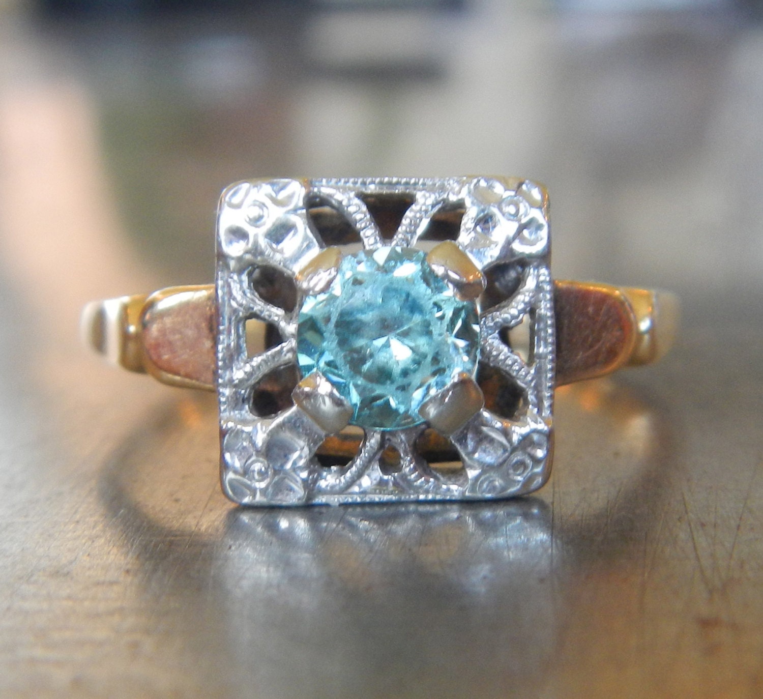 Vintage Aquamarine Ring with 14k White and Yellow Gold