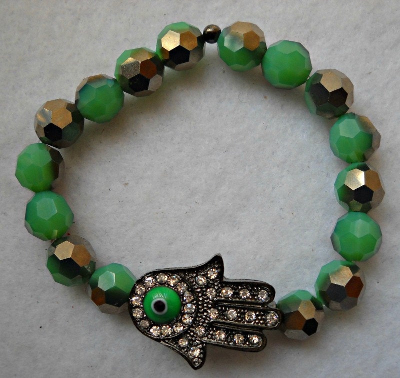 Jewelry, Bracelet, Beadwork, Friendship, Stretch, Hamsa, Green Faceted Bead, Stack Bracelet, Arm Candy, Spring, Graduation