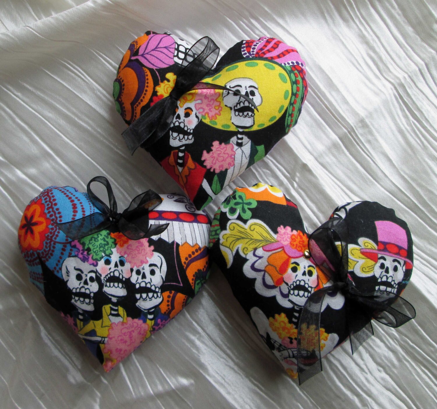 Day of the Dead, Skeleton Stuffed Heart Ornies, Sachets Stuffed with Lavender  Herb and Poly Stuffing-- Three