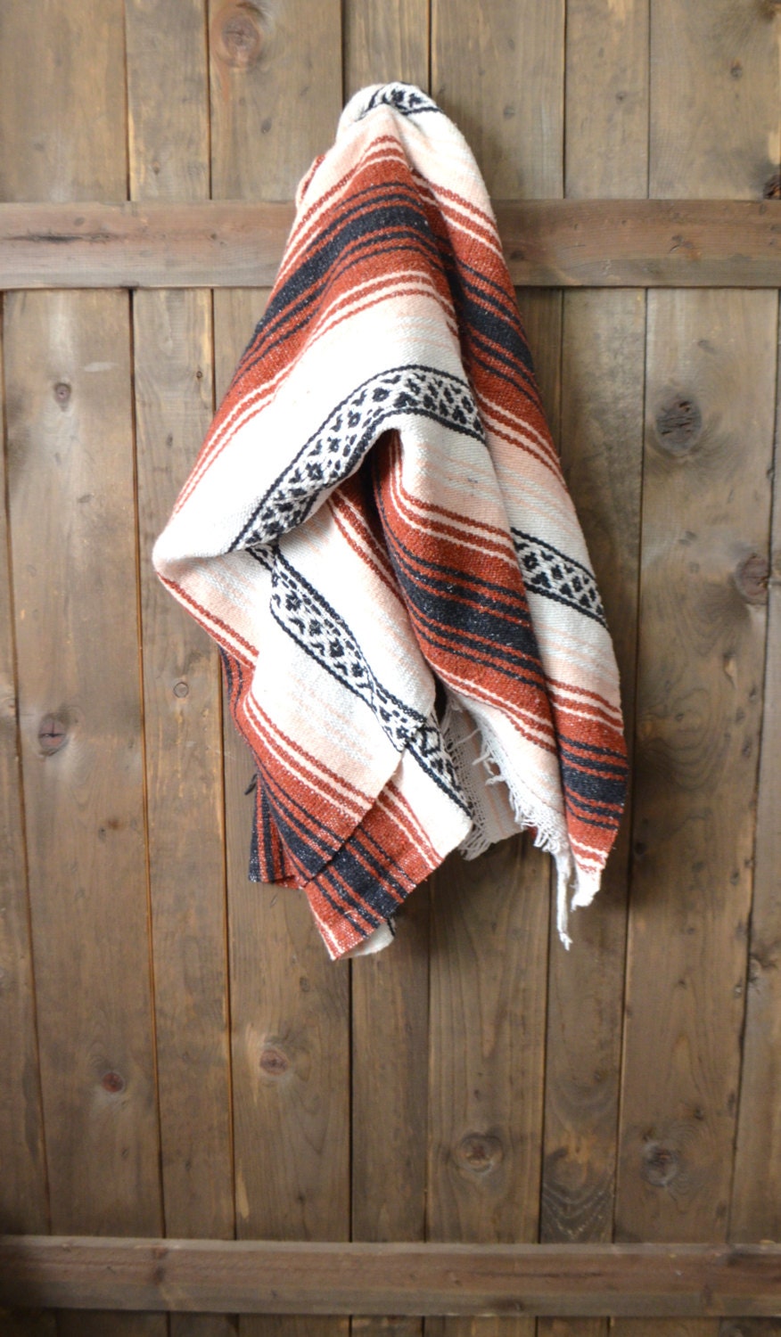 Vintage 80s 90s Cotton Mexican Striped Brown White Cotton Serape Blanket // southwest