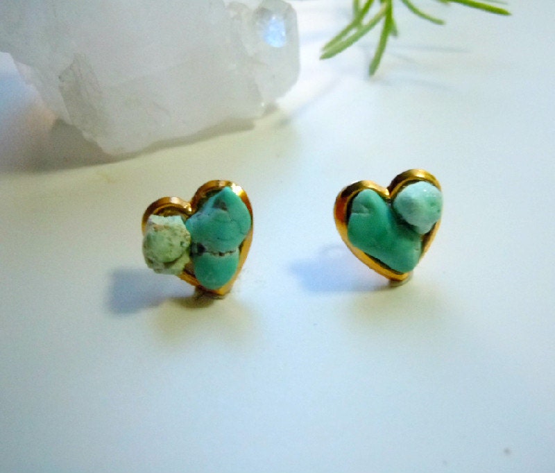 Turquoise Hearts Stud Earrings - Vintage Brass - Valentines Gift for Her