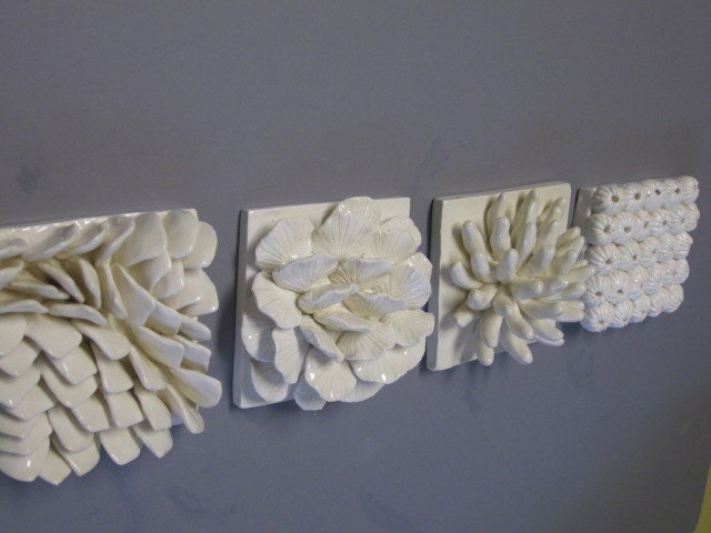 Custom order for Jamie - 4 tile ocean wall sculpture, ceramic beach wall hanging, anemone, oysters, star coral and scallops art