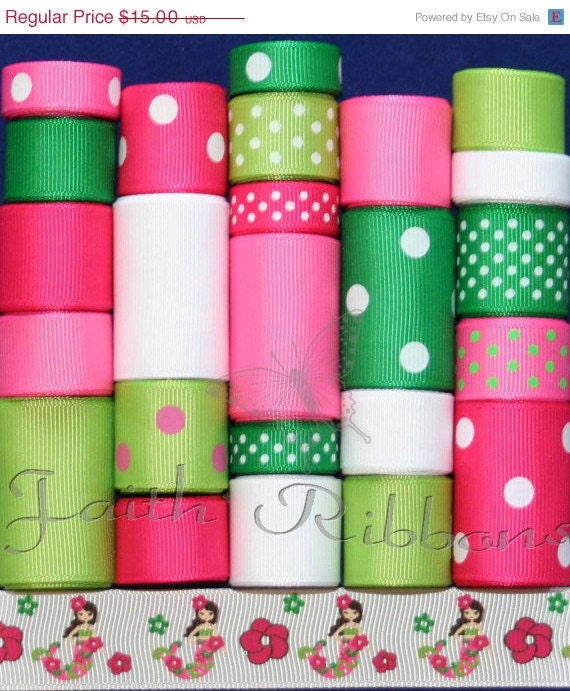 SPRING SALE Grosgrain Ribbon Lot MIx 25YDS Floral Mermaid M2Mg Mtm Light Pink Fuschia Apple Green Emerald White