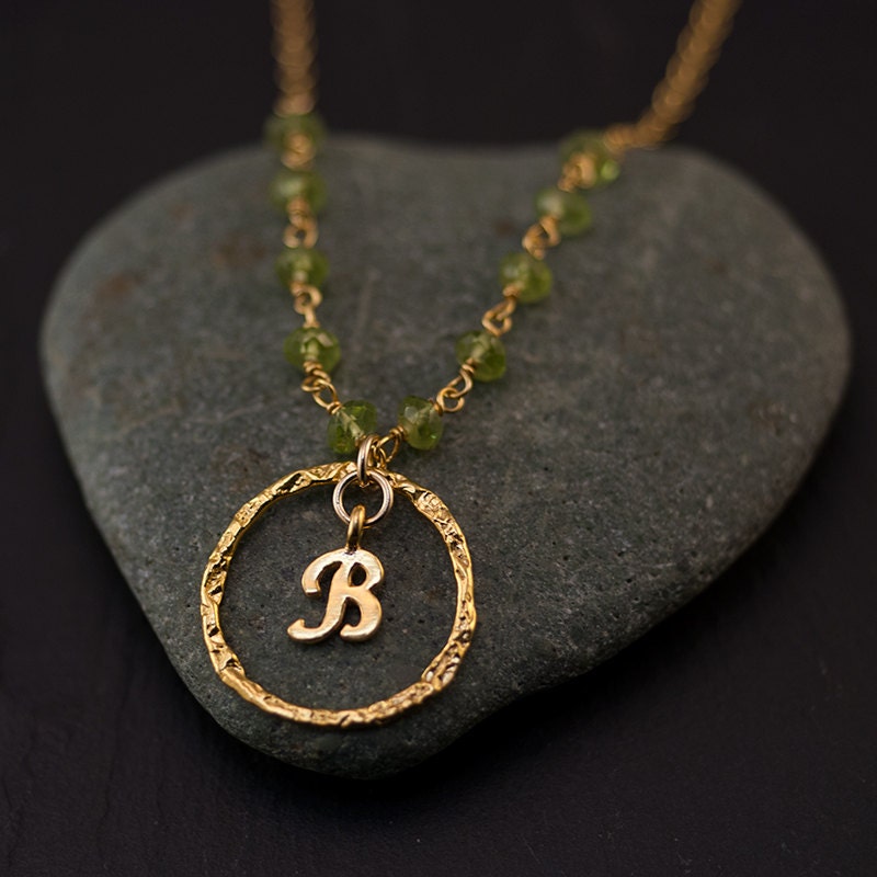 Personalized Initial Necklace - August Birthstone - Green Peridot Necklace - Wire wrapped chain - Custom Initials