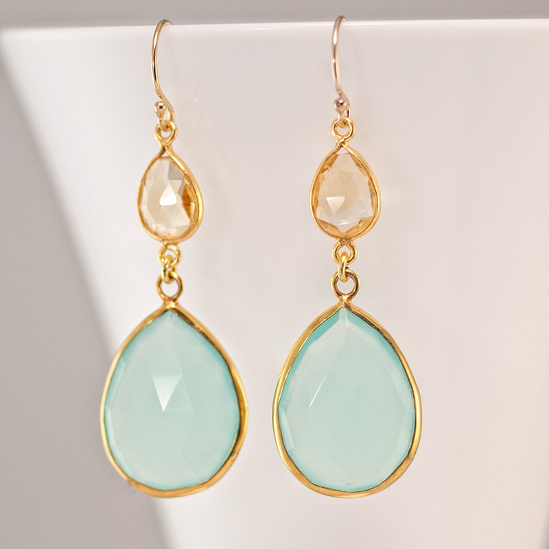 Aqua Blue Chalcedony Earrings - Yellow Citrine earrings - Gemstone earrings - Gold drop earrings - Dangle Earrings Mother's Day Gift