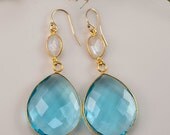 CLEARANCE - Blue Topaz Quartz and Rainbow Moonstone Earrings - December Birthstone Earrings - Gold drop earrings Mother's Day Gift
