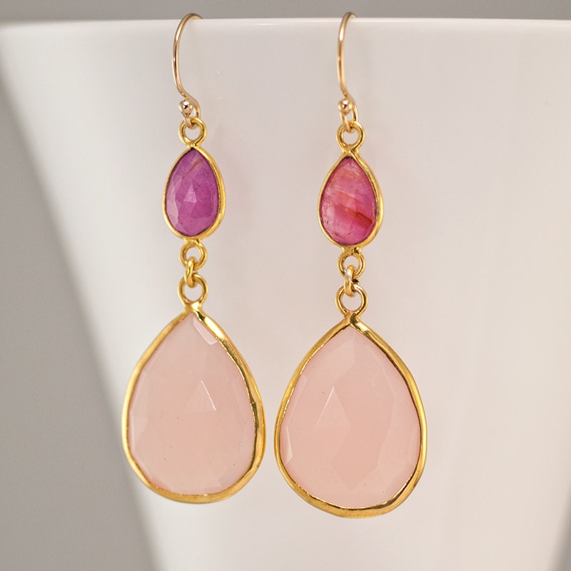 Pink Chalcedony Earrings - Sapphire earrings - Gemstone earrings - Gold drop earrings - Dangle Earrings Mother's Day Gift