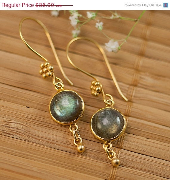 CLEARANCE - Cabochon Labradorite Earrings - Petite Gold Labradorite Earrings - Gemstone Earrings Mother's Day Gift